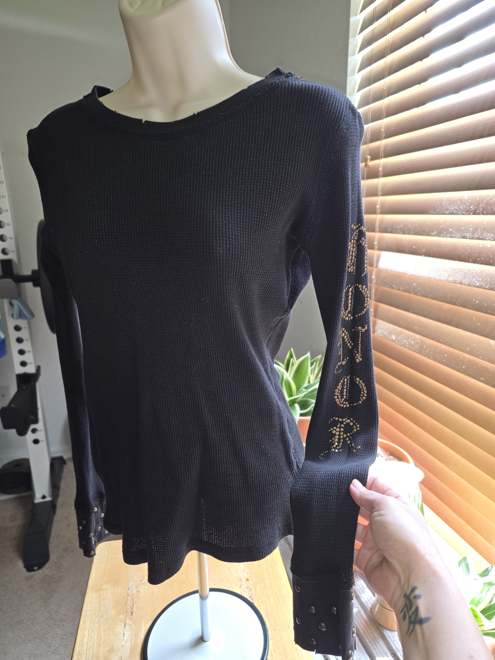 Miss Me Black Thermal Top with Studded Details